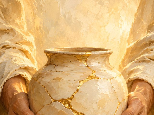 Kintsugi Jar oil-style print, close-up of the oil-style painting