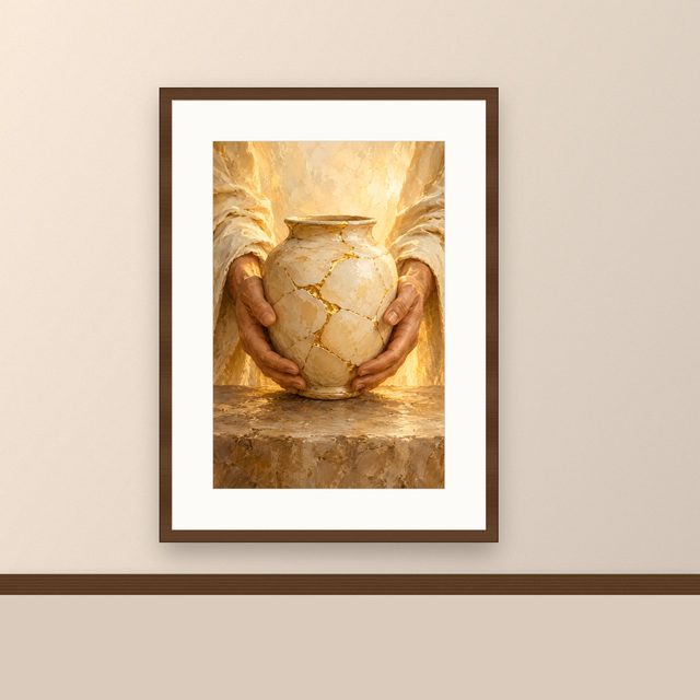 Kintsugi Jar oil-style print, framed and hung on a painted wall above a wooden ledge