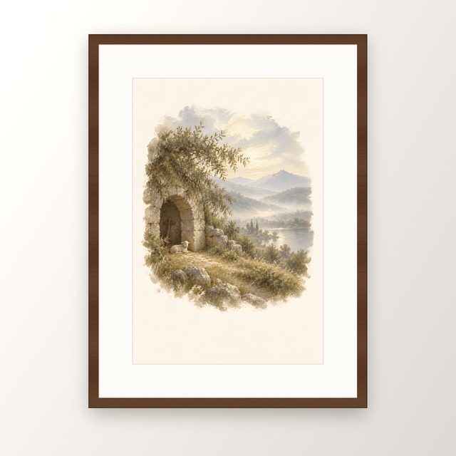 Lamb in the Shelter, watercolor print, framed