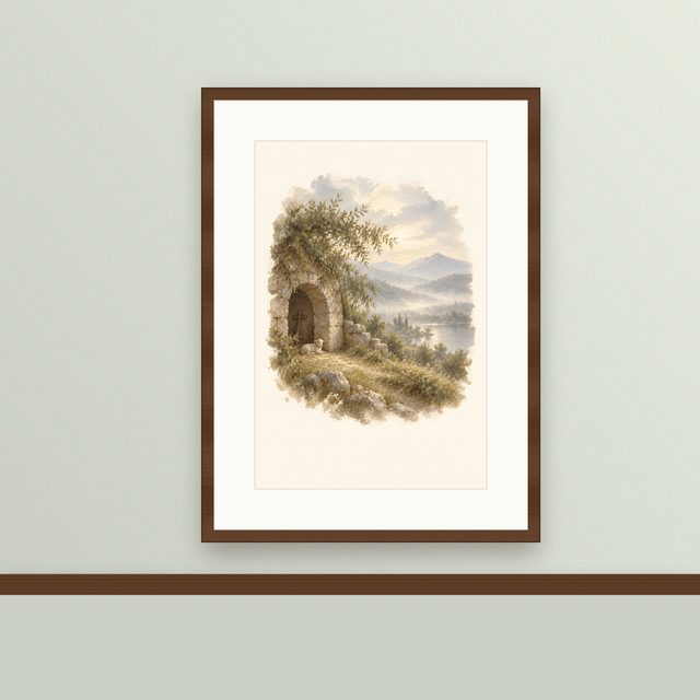 Lamb in the Shelter, watercolor print, framed on a wall
