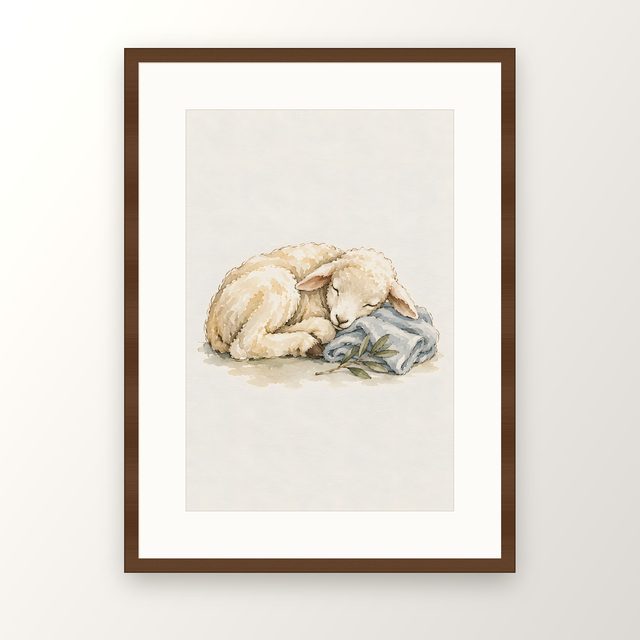 Lamb on Blue Blanket, watercolor print, framed