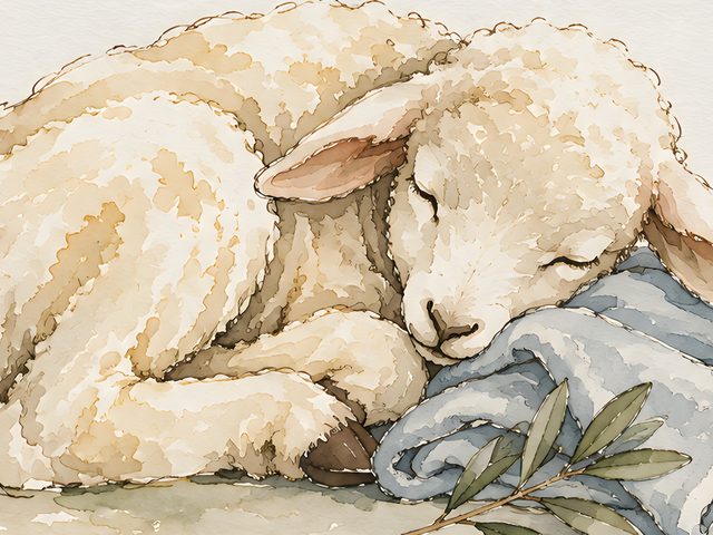Lamb on Blue Blanket watercolor print, close-up of the watercolor painting
