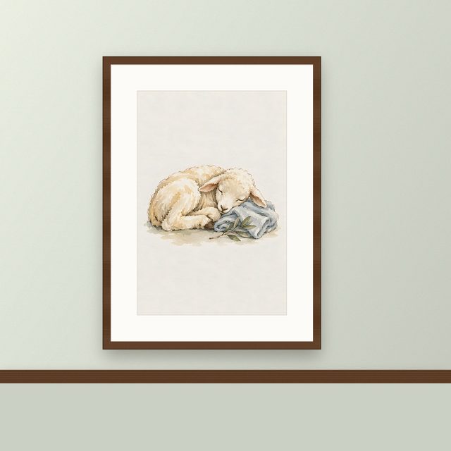 Lamb on Blue Blanket, watercolor print, framed on a wall