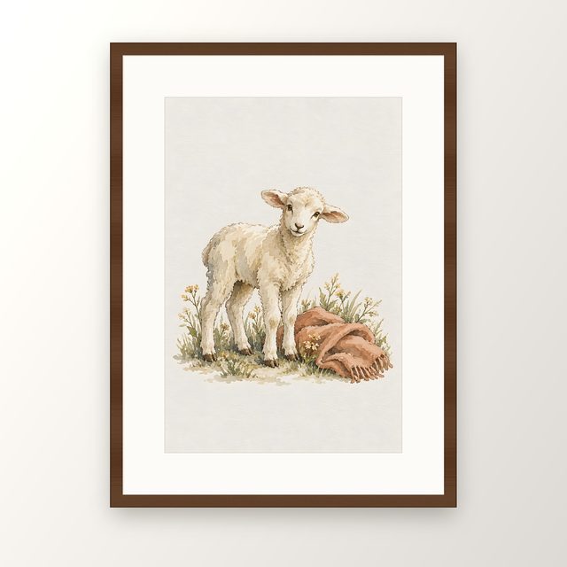 Lamb on Pink Blanket, watercolor print, framed