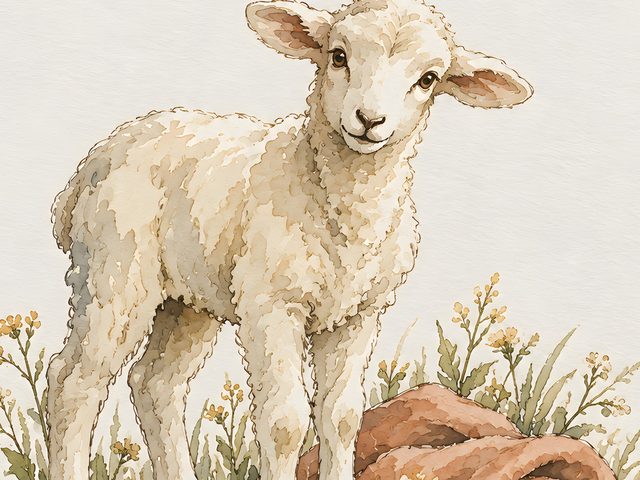 Lamb on Pink Blanket watercolor print, close-up of the watercolor painting