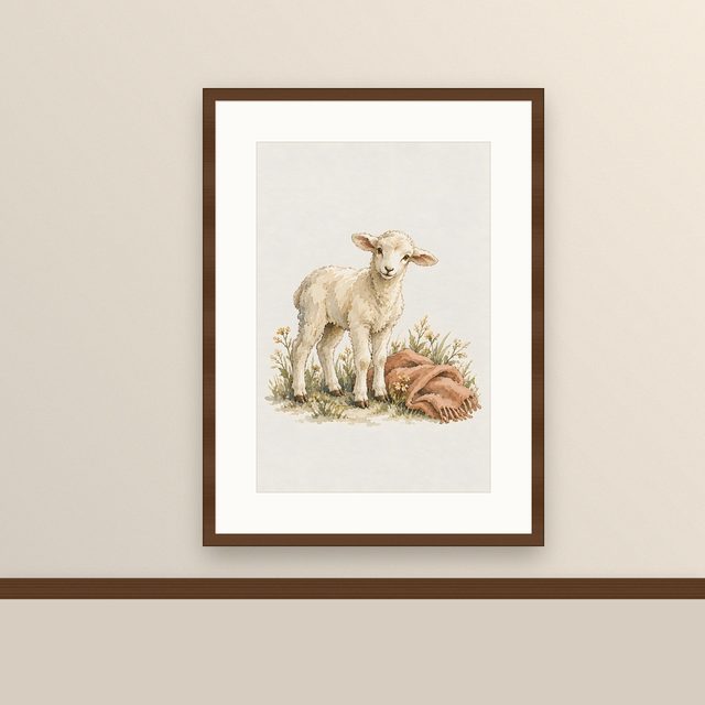 Lamb on Pink Blanket, watercolor print, framed on a wall
