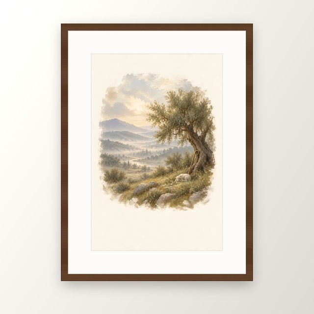 Lamb Under the Olive, watercolor print, framed