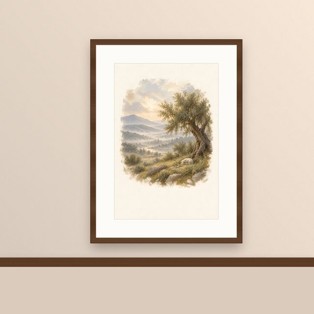 Lamb Under the Olive, watercolor print, framed on a wall