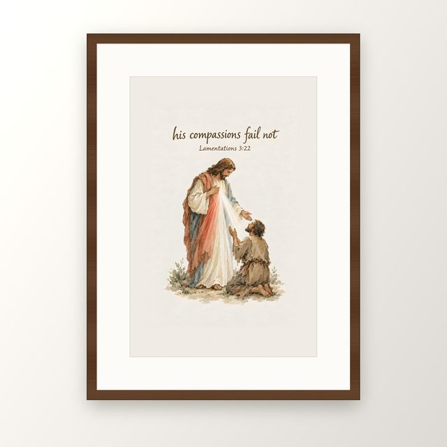 Divine Mercy, Lamentations 3:22 watercolor print, framed