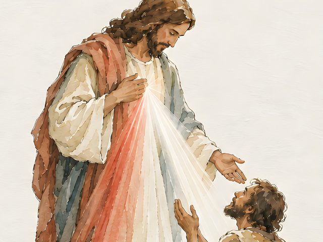 Divine Mercy, Lamentations 3:22 watercolor print, close-up of the watercolor painting