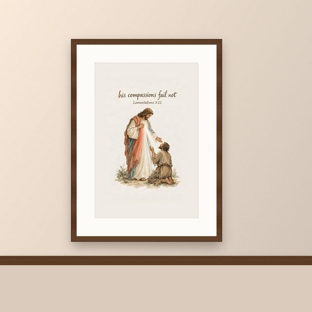 Divine Mercy, Lamentations 3:22 watercolor print, framed on a wall