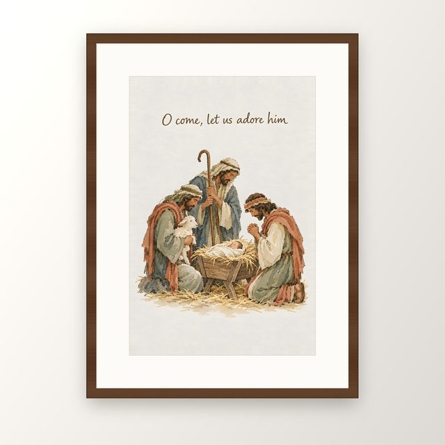 Let Us Adore Him, watercolor print, framed