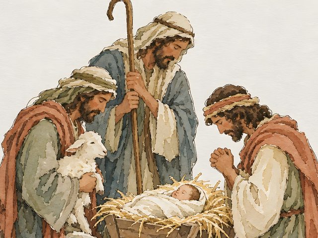 Let Us Adore Him watercolor print, close-up of the watercolor painting