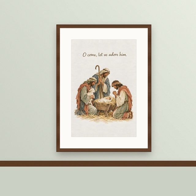 Let Us Adore Him, watercolor print, framed on a wall