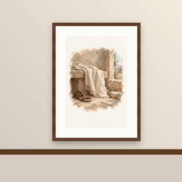 Linen and Sandal, watercolor print, framed on a wall