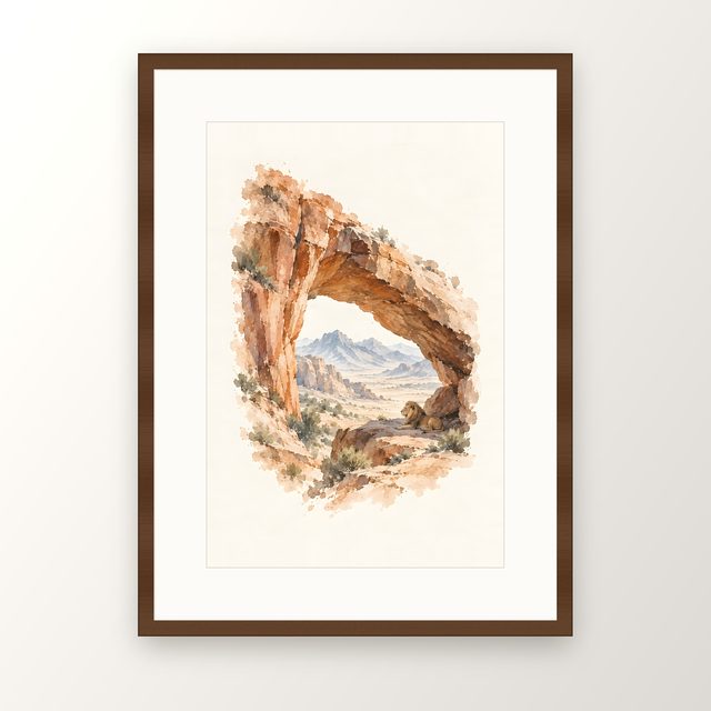 Lion Beneath the Arch, watercolor print, framed