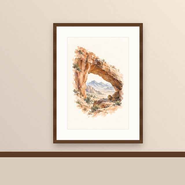 Lion Beneath the Arch, watercolor print, framed on a wall