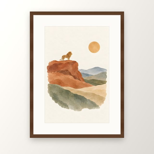 Lion on the Rock, watercolor print, framed