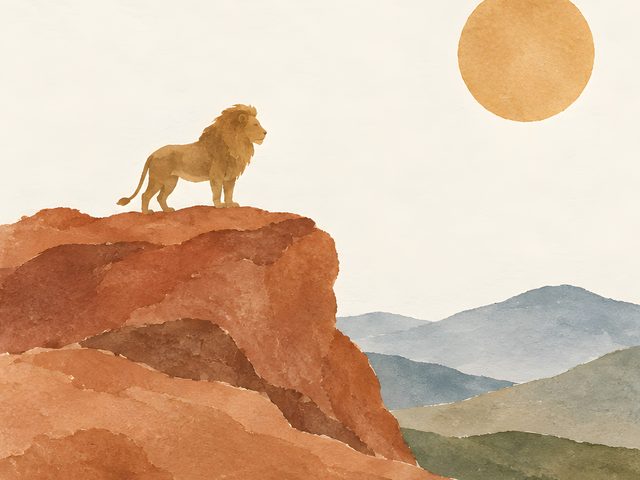 Lion on the Rock watercolor print, close-up of the watercolor painting