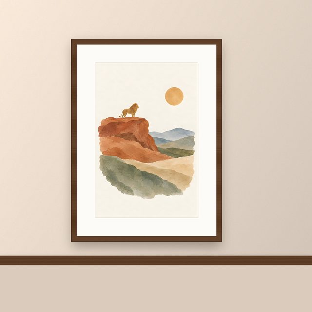Lion on the Rock, watercolor print, framed on a wall