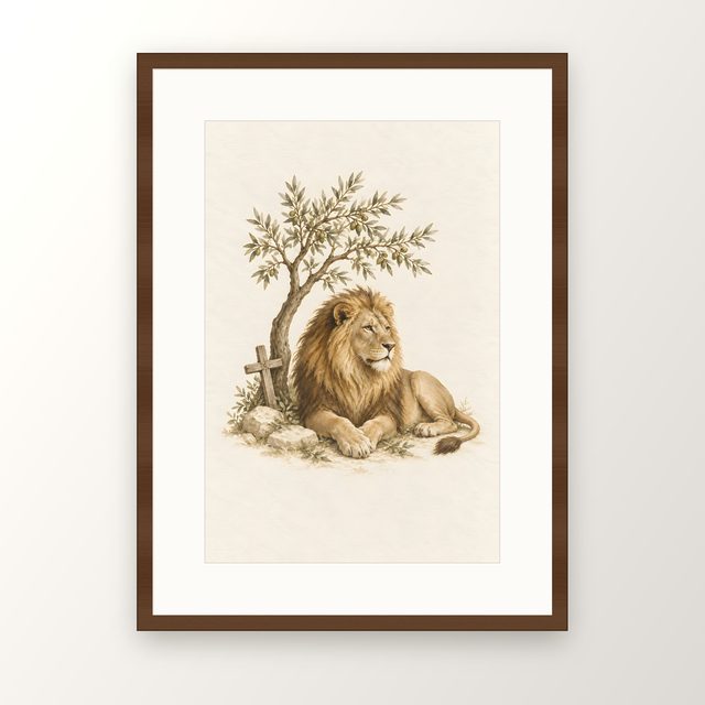 Lion Under the Olive, watercolor print, framed