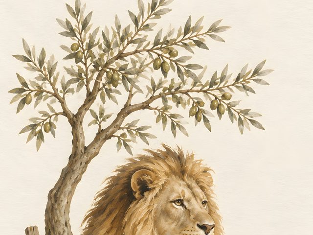 Lion Under the Olive watercolor print, close-up of the watercolor painting