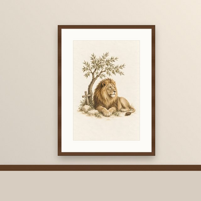 Lion Under the Olive, watercolor print, framed on a wall