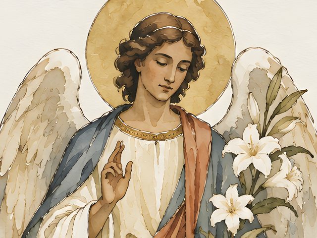 Archangel Gabriel, Luke 1:28 watercolor print, close-up of the watercolor painting