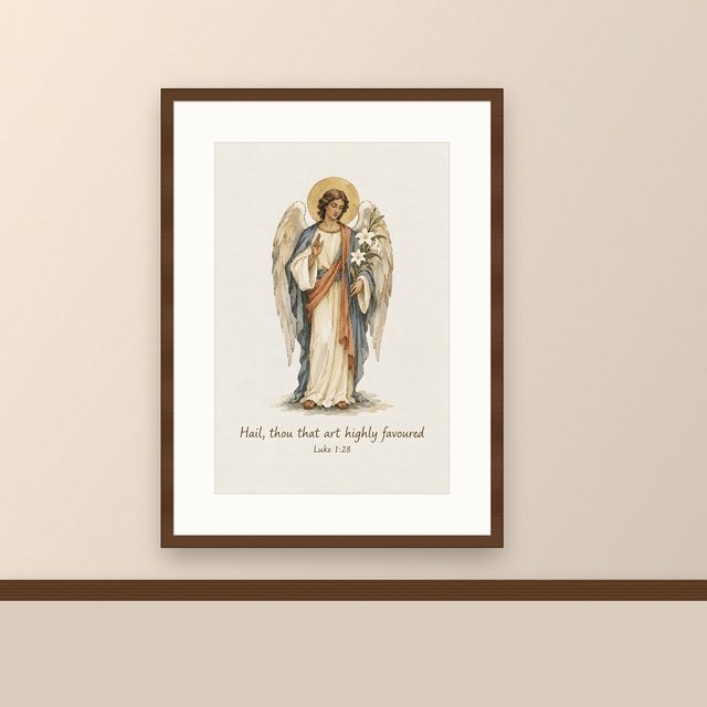 Archangel Gabriel, Luke 1:28 watercolor print, framed on a wall