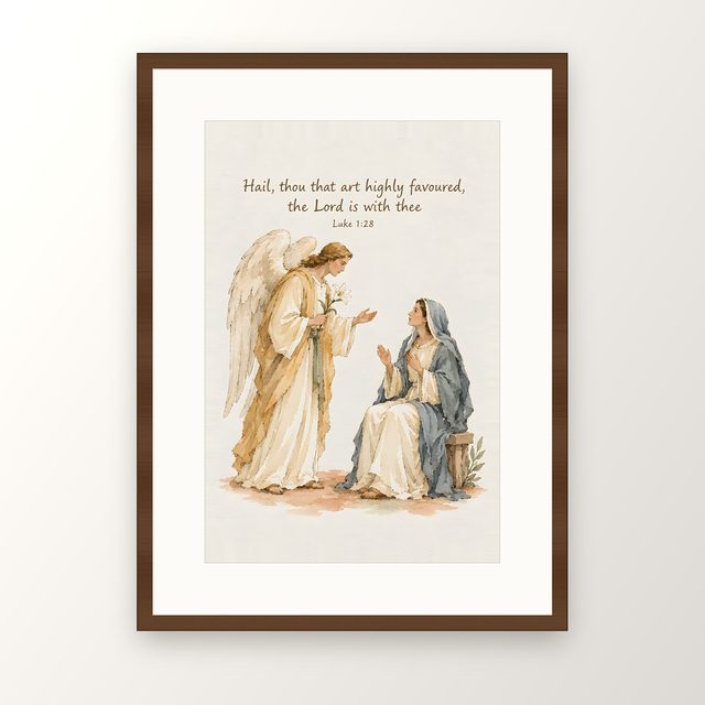 Gabriel and Mary, Luke 1:28 watercolor print, framed