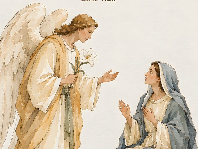 Gabriel and Mary, Luke 1:28 watercolor print, close-up of the watercolor painting