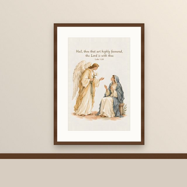 Gabriel and Mary, Luke 1:28 watercolor print, framed on a wall