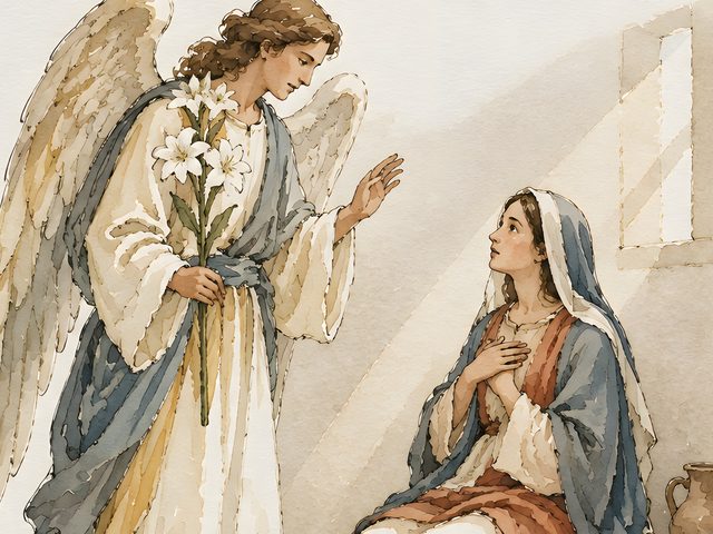 Annunciation, Luke 1:31 watercolor print, close-up of the watercolor painting