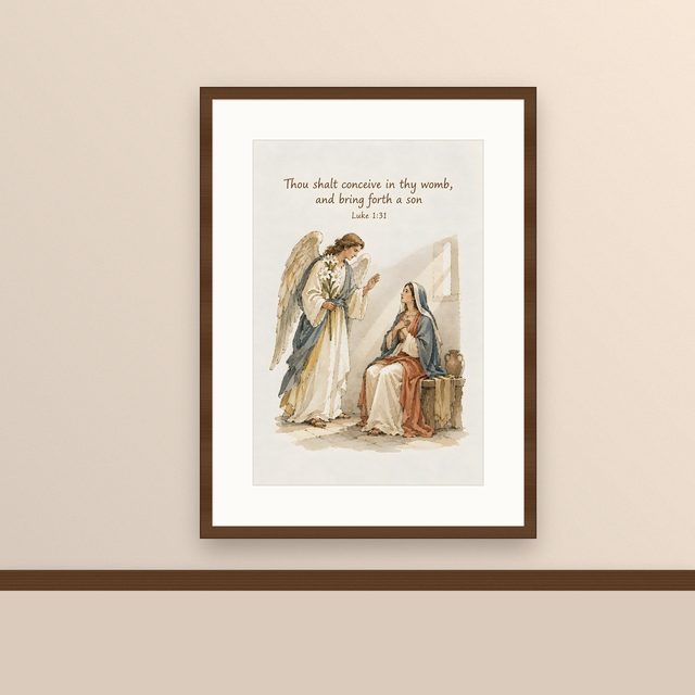 Annunciation, Luke 1:31 watercolor print, framed on a wall