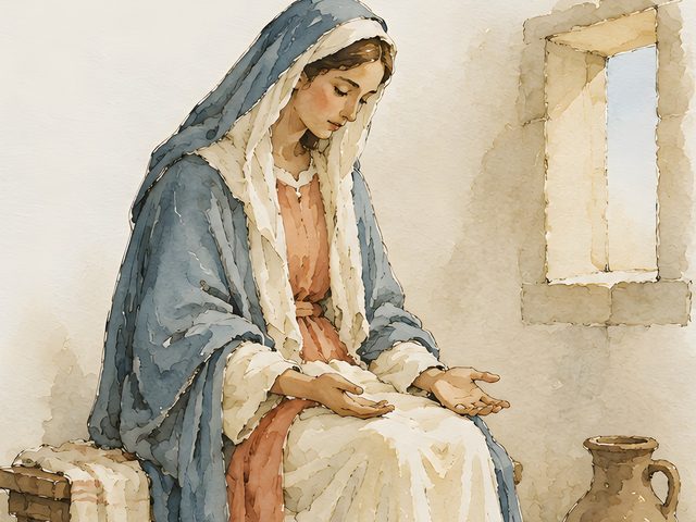 Annunciation, Luke 1:38 watercolor print, close-up of the watercolor painting