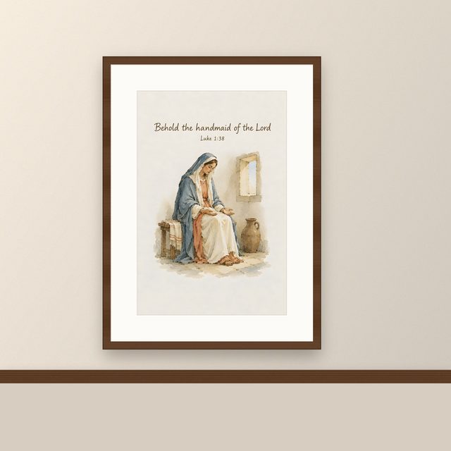 Annunciation, Luke 1:38 watercolor print, framed on a wall