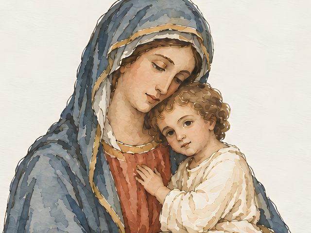 Theotokos, Luke 1:42 watercolor print, close-up of the watercolor painting