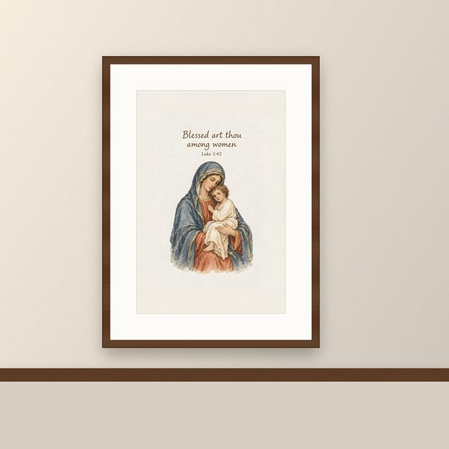 Theotokos, Luke 1:42 watercolor print, framed on a wall