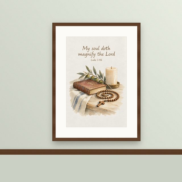 Magnificat, Luke 1:46 watercolor print, framed on a wall