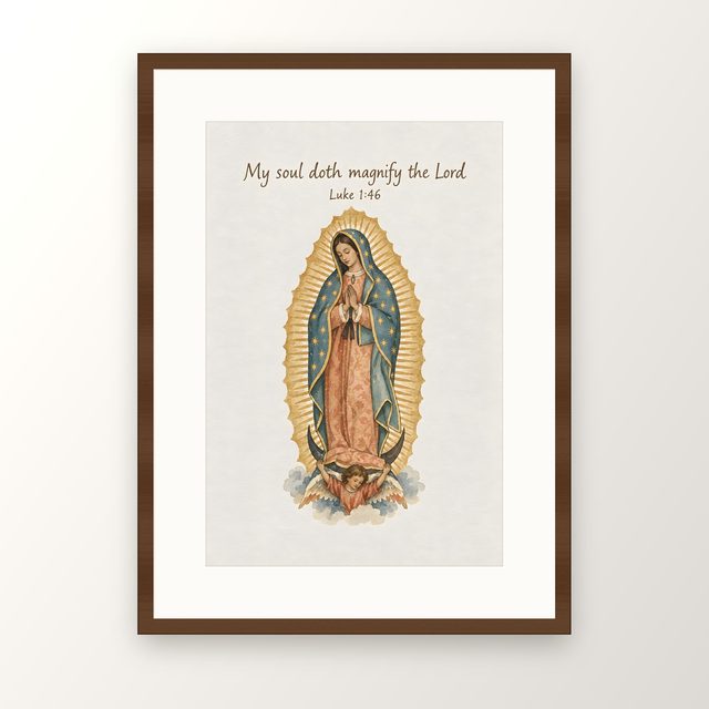 Our Lady of Guadalupe, Luke 1:46 watercolor print, framed