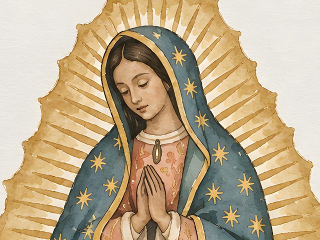 Our Lady of Guadalupe, Luke 1:46 watercolor print, close-up of the watercolor painting