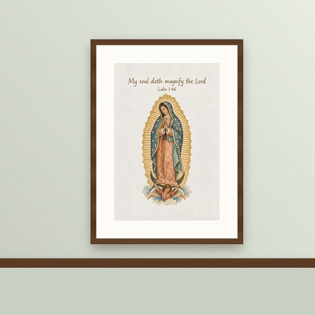 Our Lady of Guadalupe, Luke 1:46 watercolor print, framed on a wall