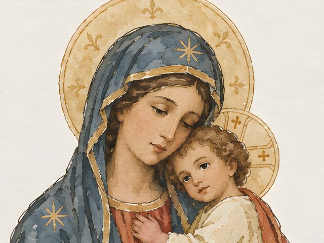 Perpetual Help, Luke 1:48 watercolor print, close-up of the watercolor painting