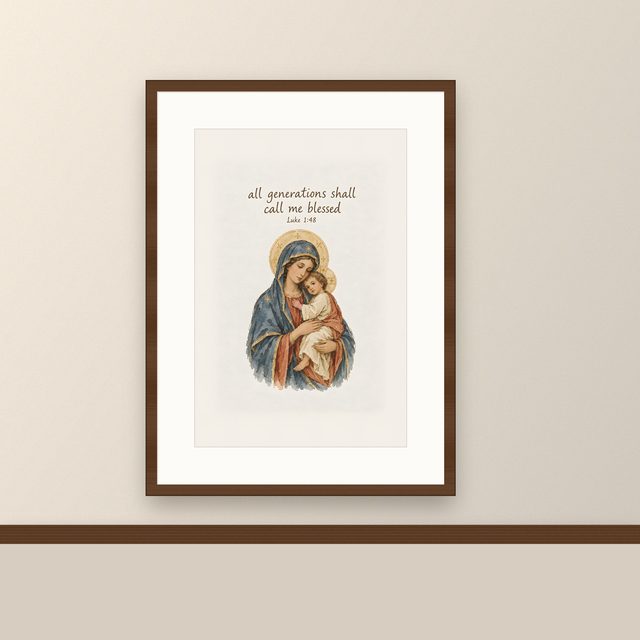 Perpetual Help, Luke 1:48 watercolor print, framed on a wall