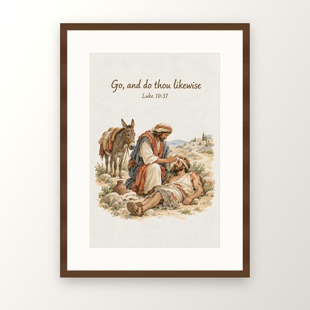 Good Samaritan, Luke 10:37 watercolor print, framed
