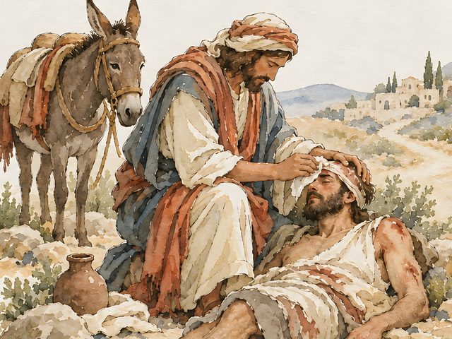 Good Samaritan, Luke 10:37 watercolor print, close-up of the watercolor painting