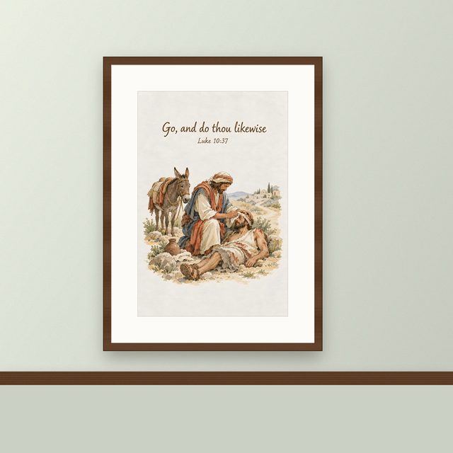 Good Samaritan, Luke 10:37 watercolor print, framed on a wall