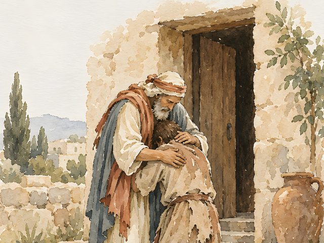 Prodigal Son, Luke 15:20 watercolor print, close-up of the watercolor painting