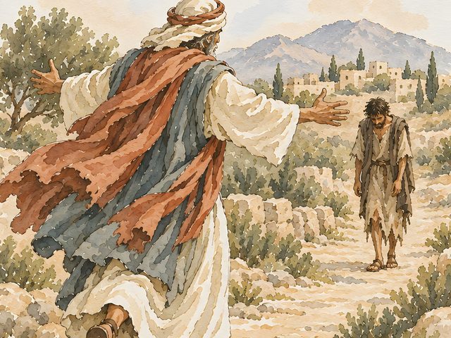 Prodigal Son, Luke 15:24 watercolor print, close-up of the watercolor painting