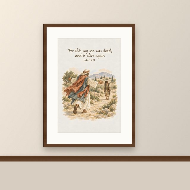 Prodigal Son, Luke 15:24 watercolor print, framed on a wall